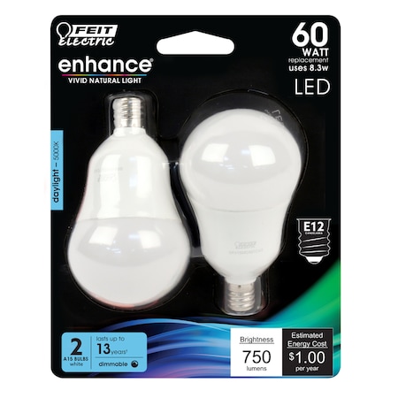 Feit Electric Feit Enhance A15 E12 (Candelabra) Filament LED Bulb Daylight 60 Watt Equivalence 2 pk BPA1560C950CA2